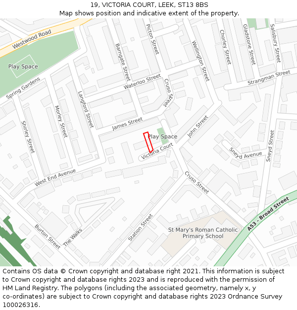 19, VICTORIA COURT, LEEK, ST13 8BS: Location map and indicative extent of plot