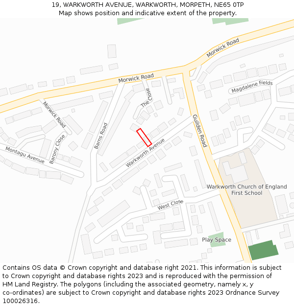 19, WARKWORTH AVENUE, WARKWORTH, MORPETH, NE65 0TP: Location map and indicative extent of plot
