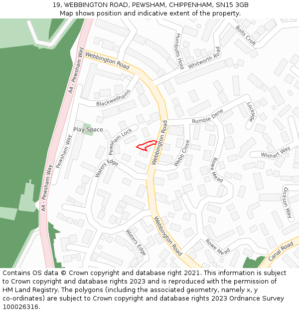 19, WEBBINGTON ROAD, PEWSHAM, CHIPPENHAM, SN15 3GB: Location map and indicative extent of plot