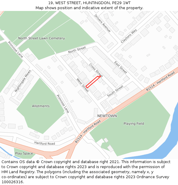 19, WEST STREET, HUNTINGDON, PE29 1WT: Location map and indicative extent of plot