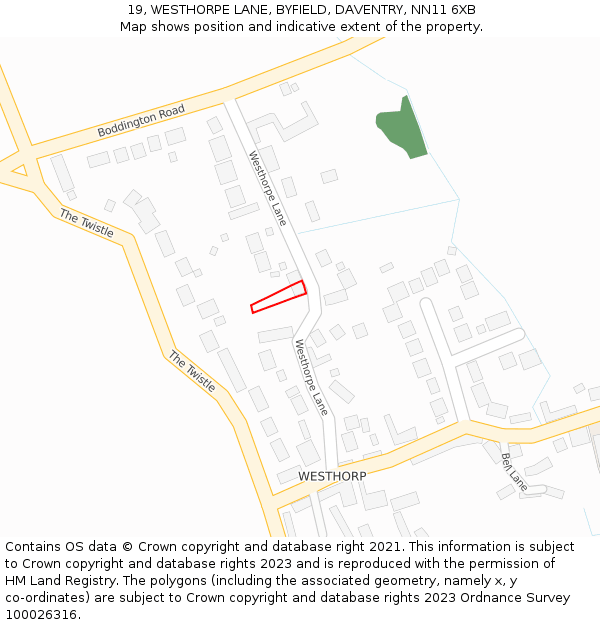 19, WESTHORPE LANE, BYFIELD, DAVENTRY, NN11 6XB: Location map and indicative extent of plot