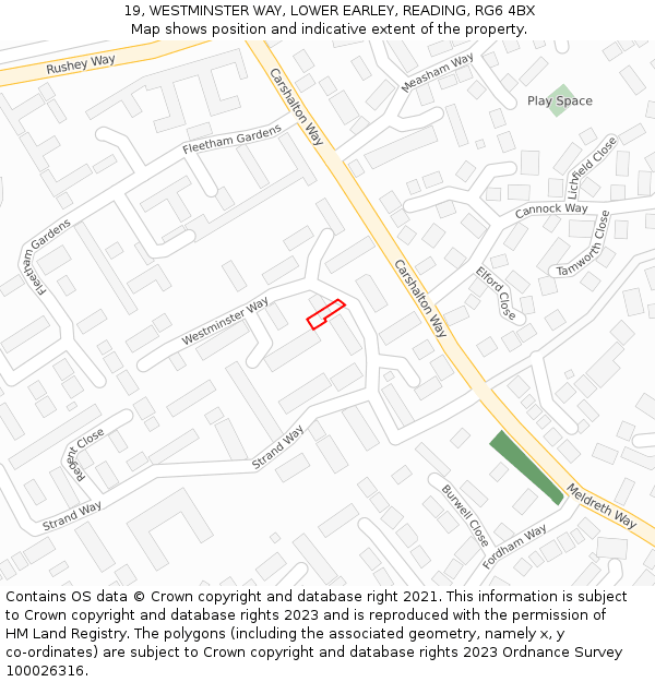 19, WESTMINSTER WAY, LOWER EARLEY, READING, RG6 4BX: Location map and indicative extent of plot