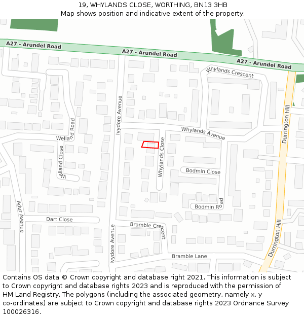 19, WHYLANDS CLOSE, WORTHING, BN13 3HB: Location map and indicative extent of plot