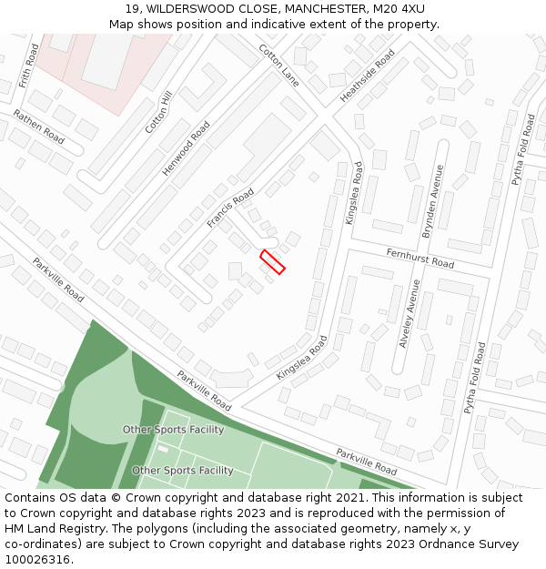 19, WILDERSWOOD CLOSE, MANCHESTER, M20 4XU: Location map and indicative extent of plot