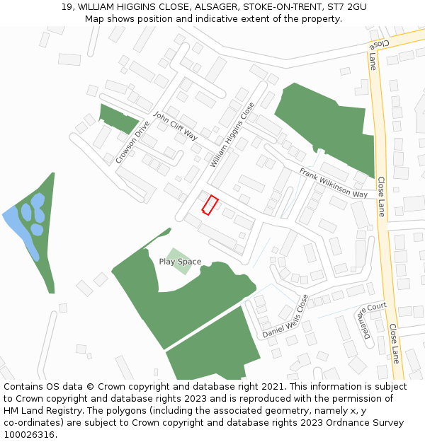 19, WILLIAM HIGGINS CLOSE, ALSAGER, STOKE-ON-TRENT, ST7 2GU: Location map and indicative extent of plot