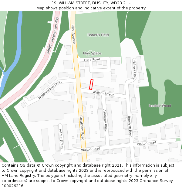 19, WILLIAM STREET, BUSHEY, WD23 2HU: Location map and indicative extent of plot