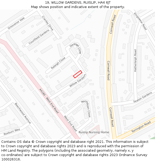 19, WILLOW GARDENS, RUISLIP, HA4 6JT: Location map and indicative extent of plot