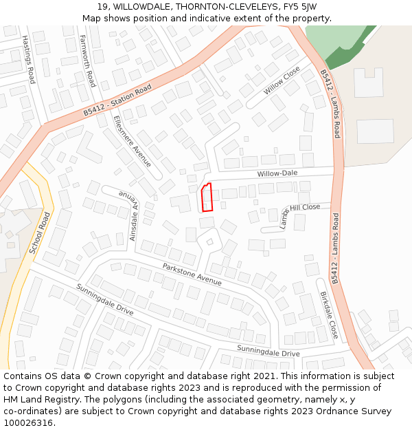 19, WILLOWDALE, THORNTON-CLEVELEYS, FY5 5JW: Location map and indicative extent of plot