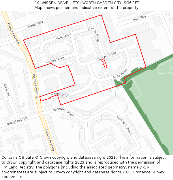 19, WISSEN DRIVE, LETCHWORTH GARDEN CITY, SG6 1FT: Location map and indicative extent of plot