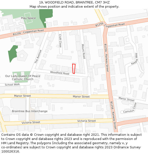 19, WOODFIELD ROAD, BRAINTREE, CM7 3HZ: Location map and indicative extent of plot