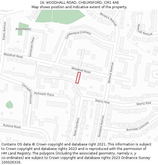 19, WOODHALL ROAD, CHELMSFORD, CM1 4AE: Location map and indicative extent of plot