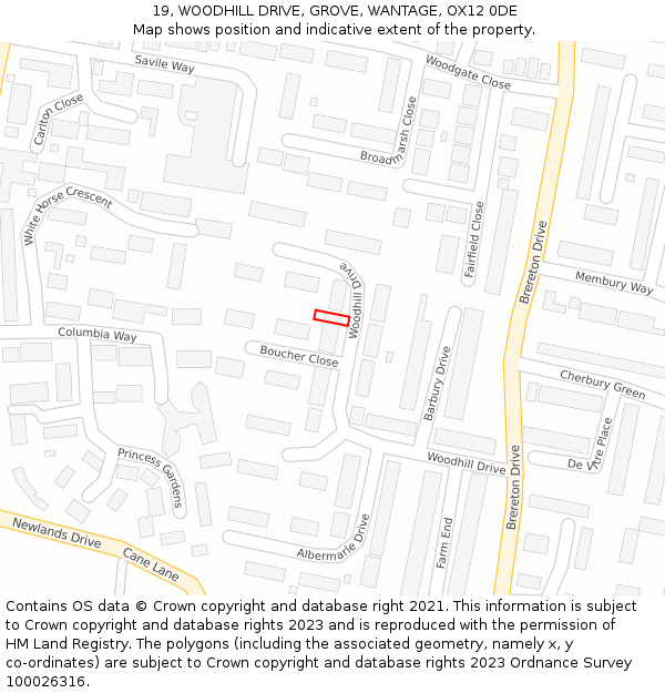 19, WOODHILL DRIVE, GROVE, WANTAGE, OX12 0DE: Location map and indicative extent of plot