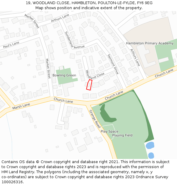 19, WOODLAND CLOSE, HAMBLETON, POULTON-LE-FYLDE, FY6 9EG: Location map and indicative extent of plot