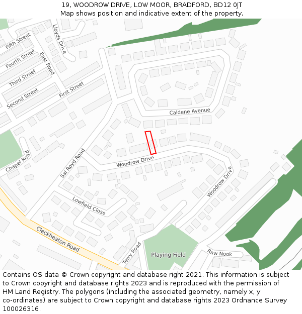19, WOODROW DRIVE, LOW MOOR, BRADFORD, BD12 0JT: Location map and indicative extent of plot