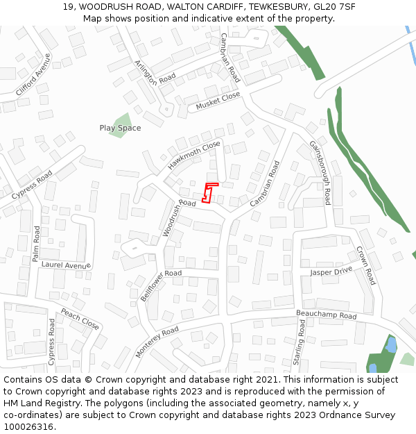 19, WOODRUSH ROAD, WALTON CARDIFF, TEWKESBURY, GL20 7SF: Location map and indicative extent of plot