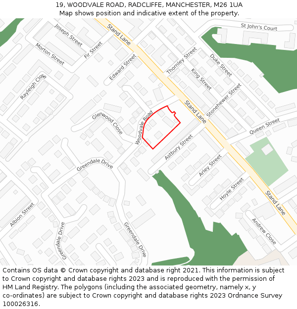 19, WOODVALE ROAD, RADCLIFFE, MANCHESTER, M26 1UA: Location map and indicative extent of plot