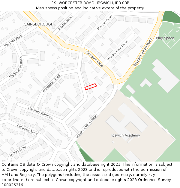 19, WORCESTER ROAD, IPSWICH, IP3 0RR: Location map and indicative extent of plot