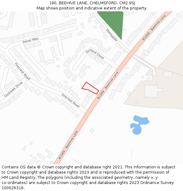 190, BEEHIVE LANE, CHELMSFORD, CM2 9SJ: Location map and indicative extent of plot
