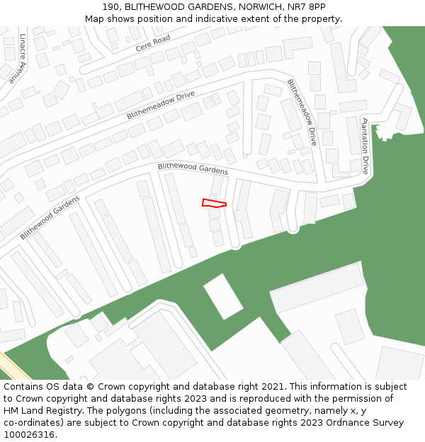 190, BLITHEWOOD GARDENS, NORWICH, NR7 8PP: Location map and indicative extent of plot