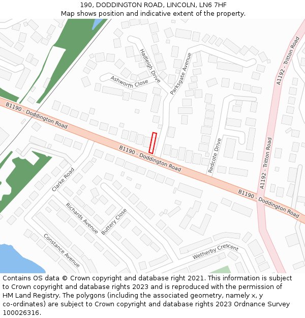 190, DODDINGTON ROAD, LINCOLN, LN6 7HF: Location map and indicative extent of plot
