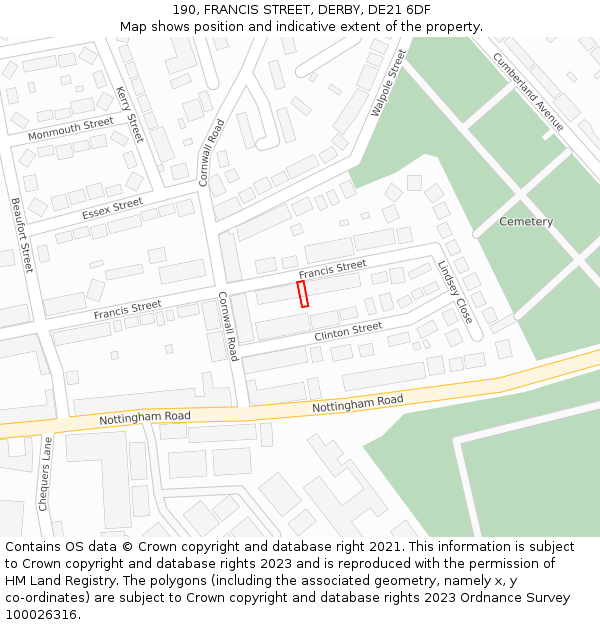 190, FRANCIS STREET, DERBY, DE21 6DF: Location map and indicative extent of plot