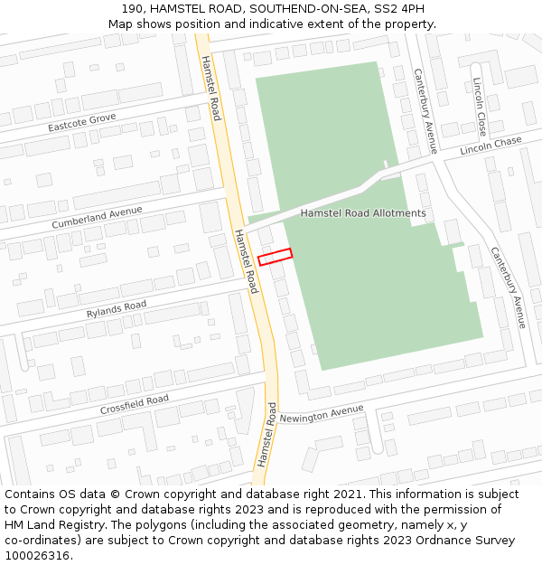 190, HAMSTEL ROAD, SOUTHEND-ON-SEA, SS2 4PH: Location map and indicative extent of plot