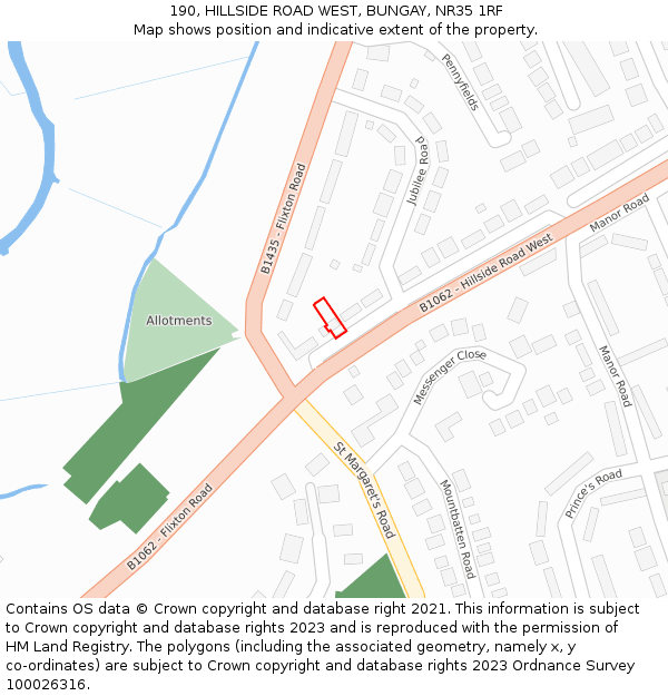 190, HILLSIDE ROAD WEST, BUNGAY, NR35 1RF: Location map and indicative extent of plot
