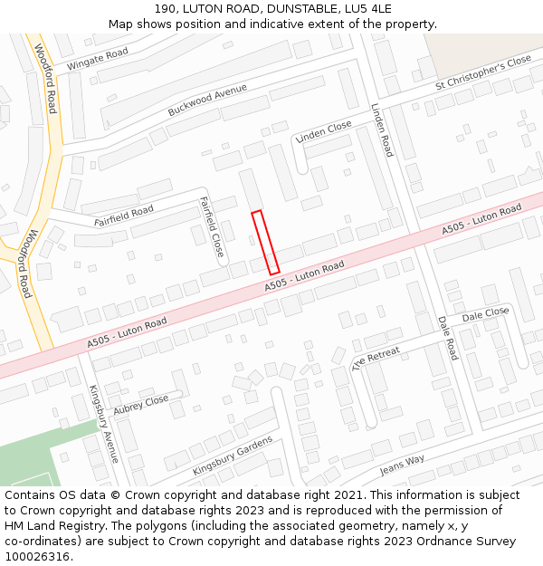 190, LUTON ROAD, DUNSTABLE, LU5 4LE: Location map and indicative extent of plot