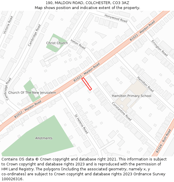 190, MALDON ROAD, COLCHESTER, CO3 3AZ: Location map and indicative extent of plot