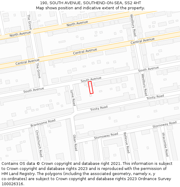 190, SOUTH AVENUE, SOUTHEND-ON-SEA, SS2 4HT: Location map and indicative extent of plot