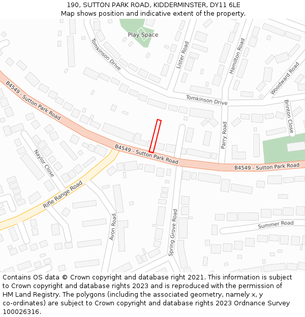 190, SUTTON PARK ROAD, KIDDERMINSTER, DY11 6LE: Location map and indicative extent of plot