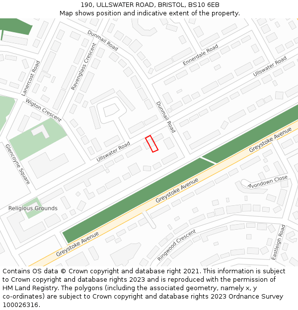 190, ULLSWATER ROAD, BRISTOL, BS10 6EB: Location map and indicative extent of plot