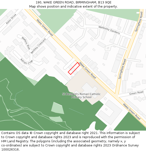 190, WAKE GREEN ROAD, BIRMINGHAM, B13 9QE: Location map and indicative extent of plot