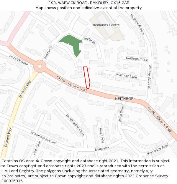 190, WARWICK ROAD, BANBURY, OX16 2AP: Location map and indicative extent of plot