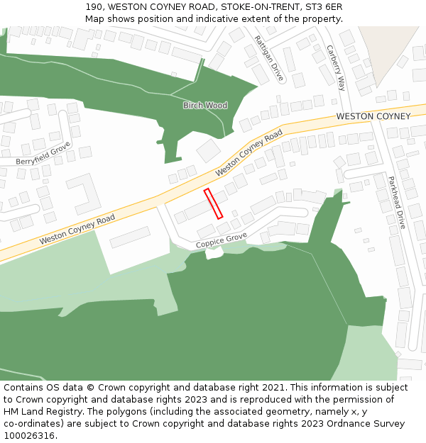 190, WESTON COYNEY ROAD, STOKE-ON-TRENT, ST3 6ER: Location map and indicative extent of plot