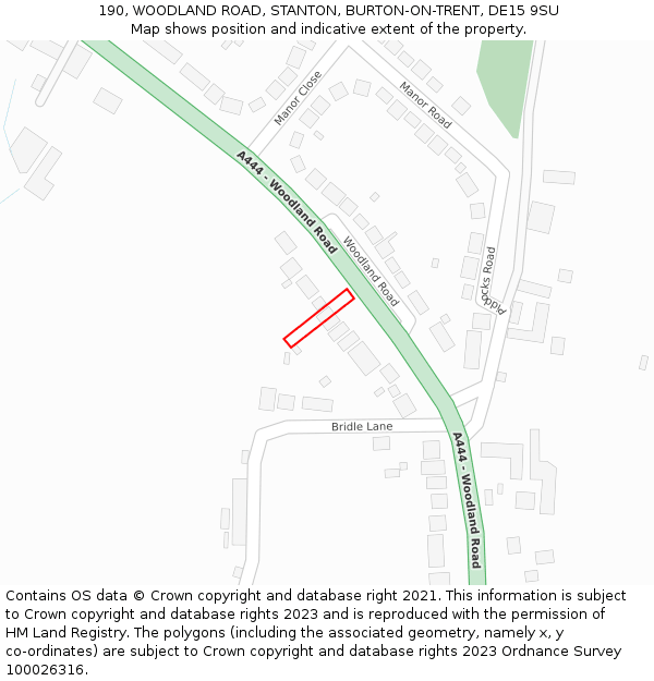190, WOODLAND ROAD, STANTON, BURTON-ON-TRENT, DE15 9SU: Location map and indicative extent of plot