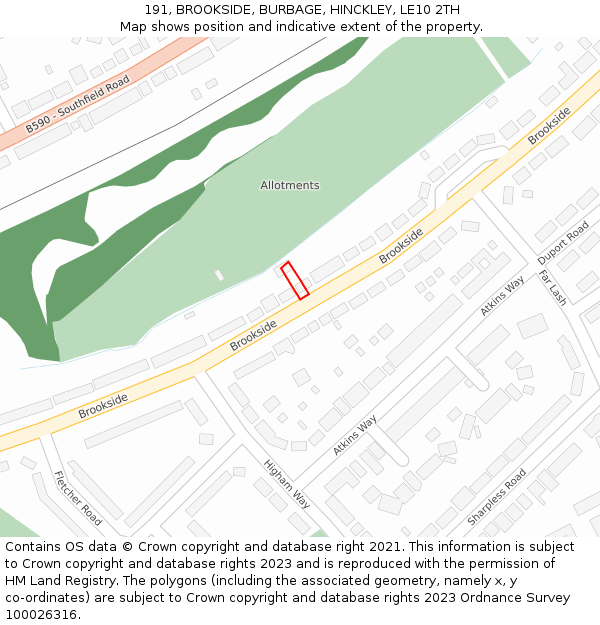 191, BROOKSIDE, BURBAGE, HINCKLEY, LE10 2TH: Location map and indicative extent of plot