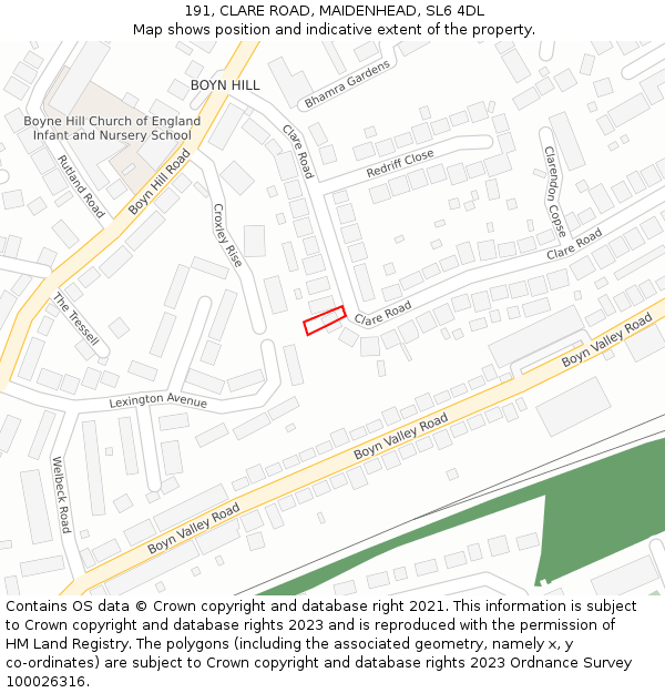 191, CLARE ROAD, MAIDENHEAD, SL6 4DL: Location map and indicative extent of plot