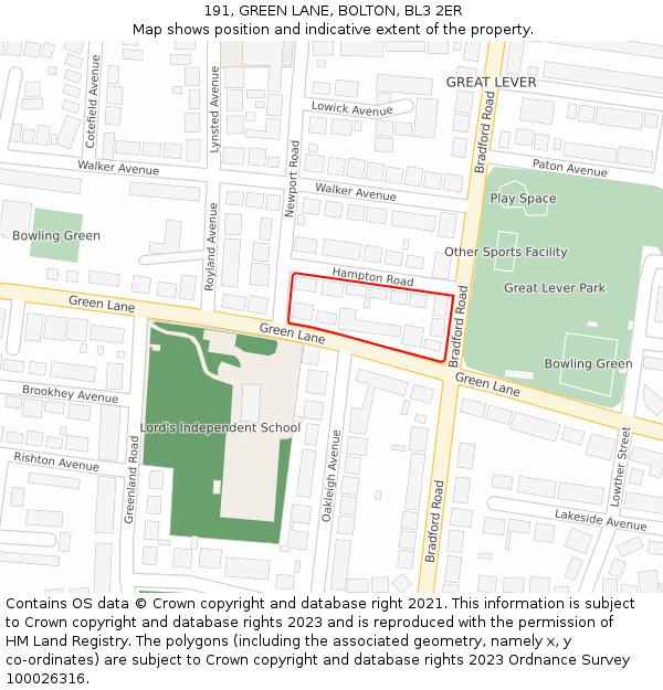 191, GREEN LANE, BOLTON, BL3 2ER: Location map and indicative extent of plot