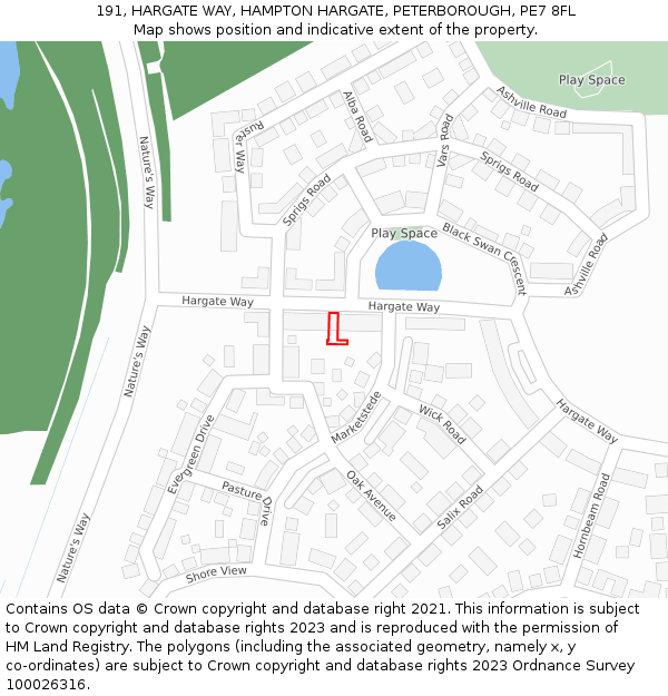191, HARGATE WAY, HAMPTON HARGATE, PETERBOROUGH, PE7 8FL: Location map and indicative extent of plot