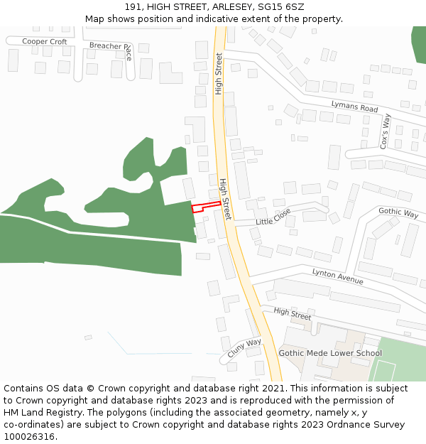 191, HIGH STREET, ARLESEY, SG15 6SZ: Location map and indicative extent of plot