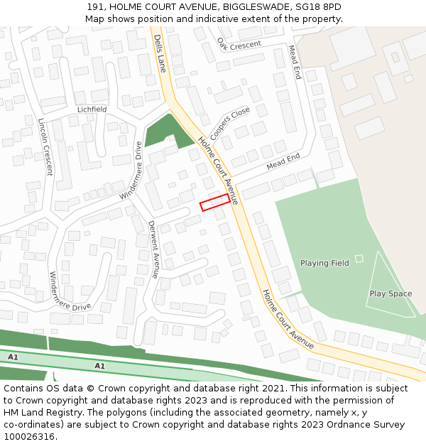 191, HOLME COURT AVENUE, BIGGLESWADE, SG18 8PD: Location map and indicative extent of plot