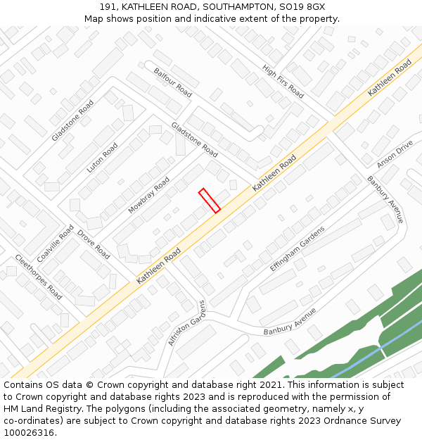 191, KATHLEEN ROAD, SOUTHAMPTON, SO19 8GX: Location map and indicative extent of plot