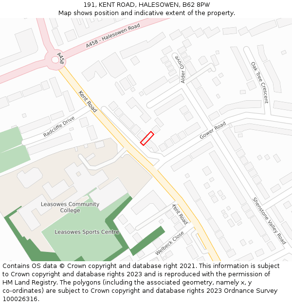 191, KENT ROAD, HALESOWEN, B62 8PW: Location map and indicative extent of plot