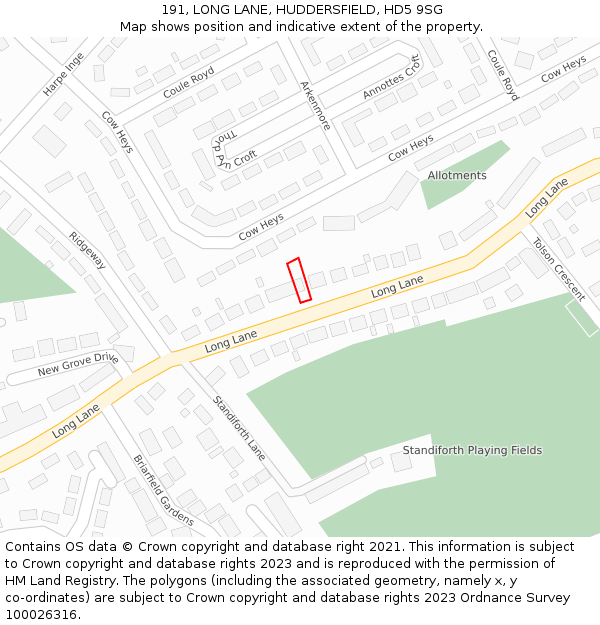 191, LONG LANE, HUDDERSFIELD, HD5 9SG: Location map and indicative extent of plot