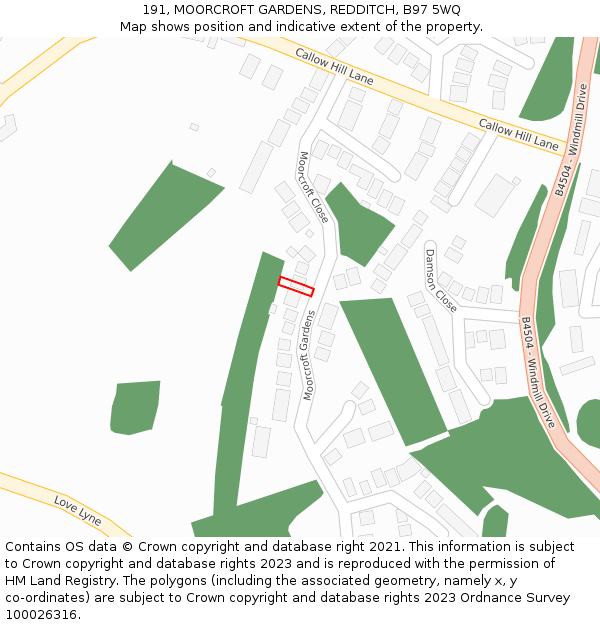191, MOORCROFT GARDENS, REDDITCH, B97 5WQ: Location map and indicative extent of plot