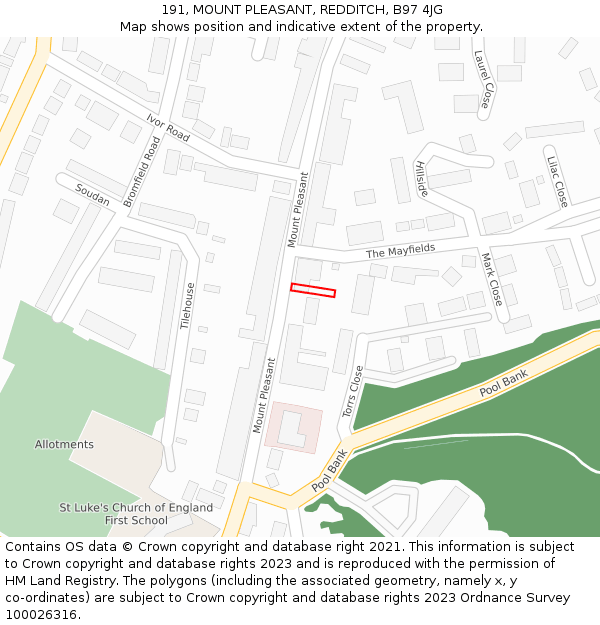 191, MOUNT PLEASANT, REDDITCH, B97 4JG: Location map and indicative extent of plot