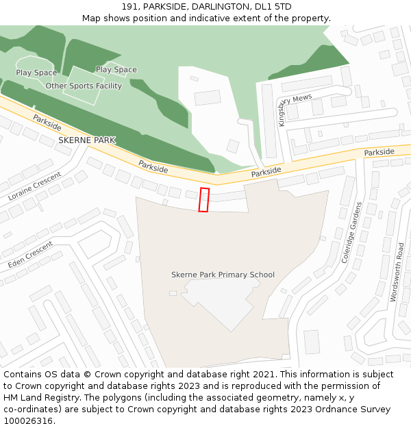 191, PARKSIDE, DARLINGTON, DL1 5TD: Location map and indicative extent of plot