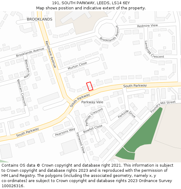 191, SOUTH PARKWAY, LEEDS, LS14 6EY: Location map and indicative extent of plot