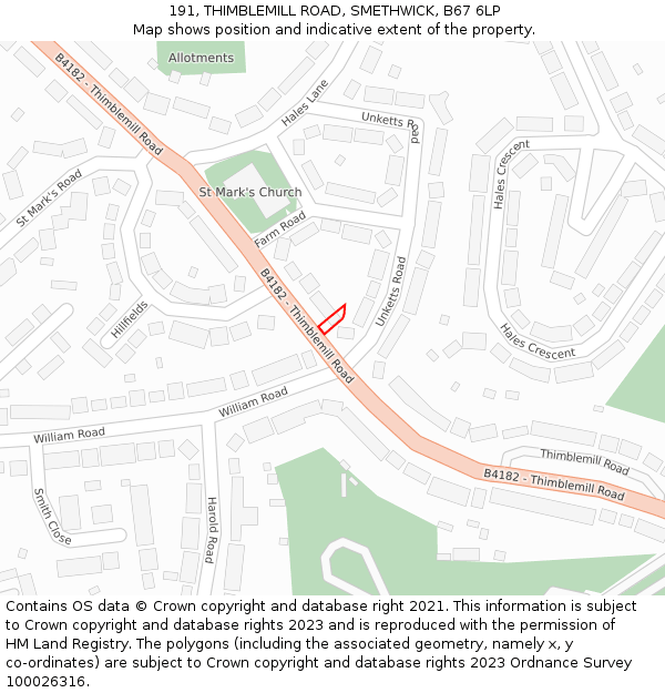 191, THIMBLEMILL ROAD, SMETHWICK, B67 6LP: Location map and indicative extent of plot